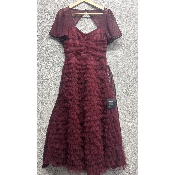 Dresses & Skirts - LULUS Elegant Red Wine Cocktail Dress Size S Dot Tullie Ruffles NWT
